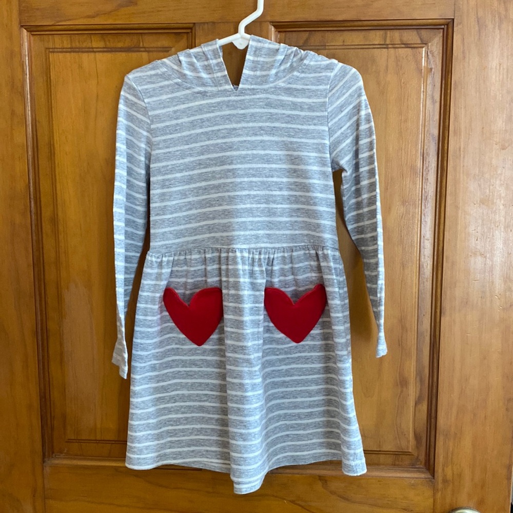 Carters Hooded Gray & White Stripe with Red Heart Pockets Dress, Size 4T